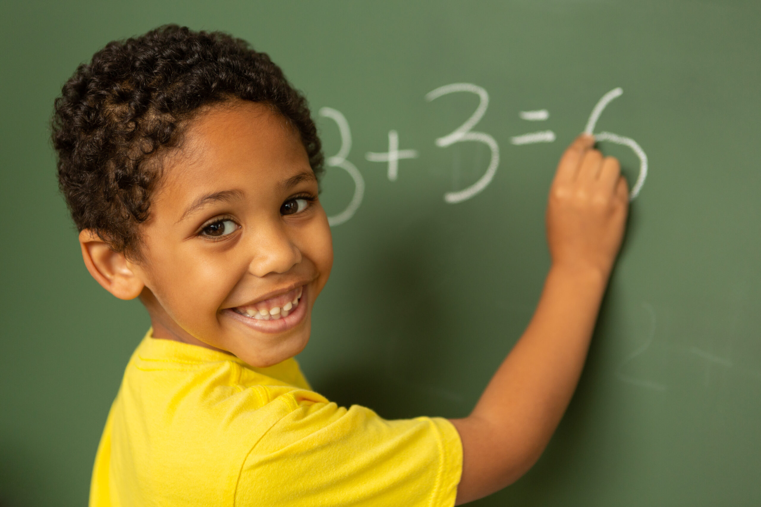 Rear view of happy smiling mixed-race schoolboy looking at camera while doing math on greenboard in a classroom at elementary school
